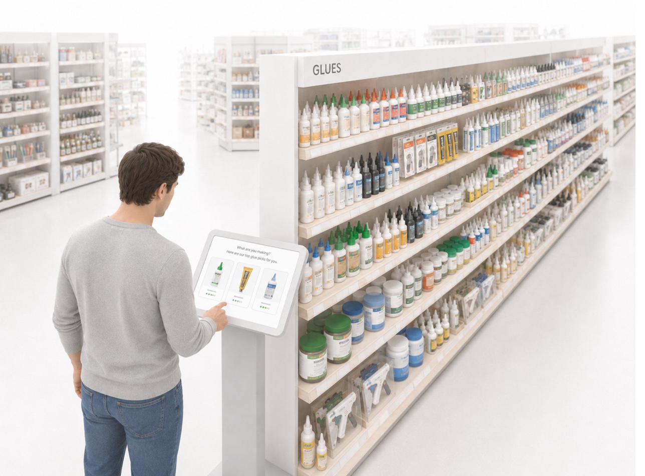 Zákazník u regálu s lepidly používá kiosk Hobby Navigator s doporučením produktů